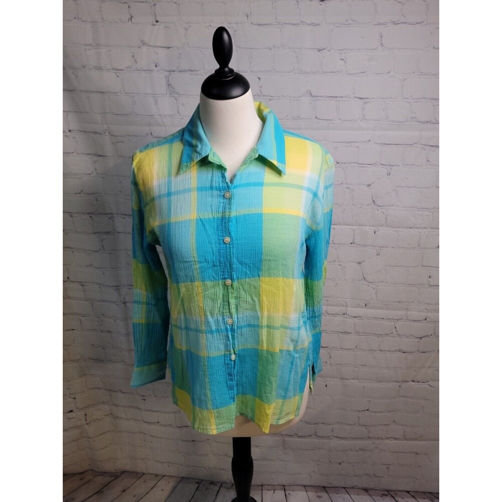 Liz Claiborne Lizsport Plaid Button Down size Med 3/4 Sleeve